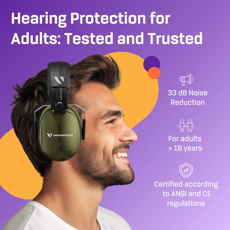 Vanderfields Premium Hearing Protection Ear Muffs - Broad Spectrum Sound Reduction 36.1dB at 2K Hz Noise Cancelling - Headset Safety Noise Cancellation - Headphones Adults and Teens - Army Green - Image 2
